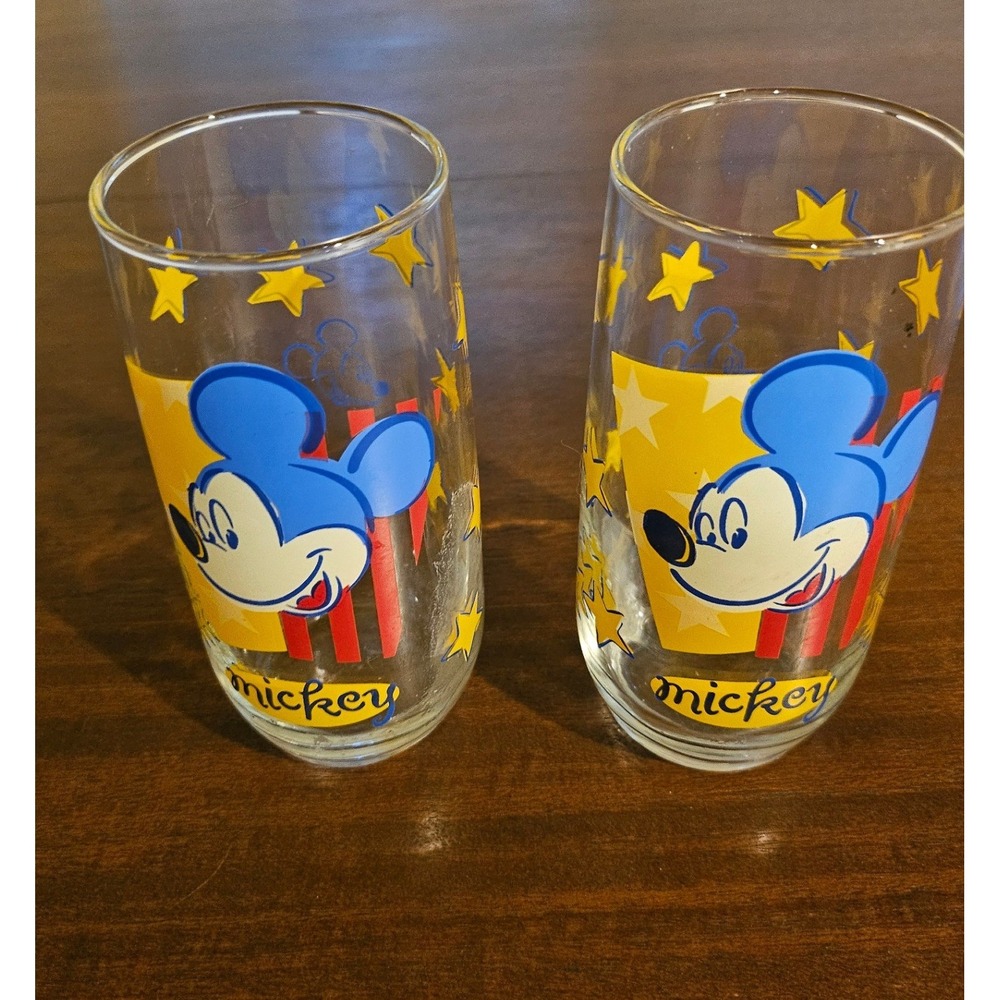 Disney Mickey Mouse Drinking Glasses Kids Blue Yellow Stars Set of 2